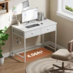 Small White Computer Desk with Fabric Drawers