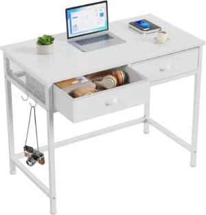 Small White Computer Desk with Fabric Drawers