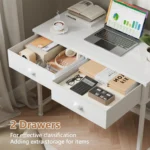 Small White Computer Desk with Fabric Drawers