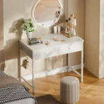 Small White Computer Desk with Fabric Drawers